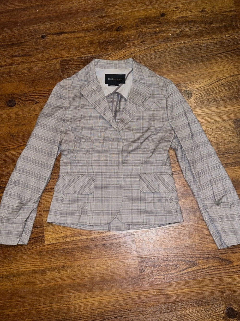 BCBGMAXAZRIA Gray Plaid Blazer Jacket Tan Fitted Workwear Office Neutral Size XS